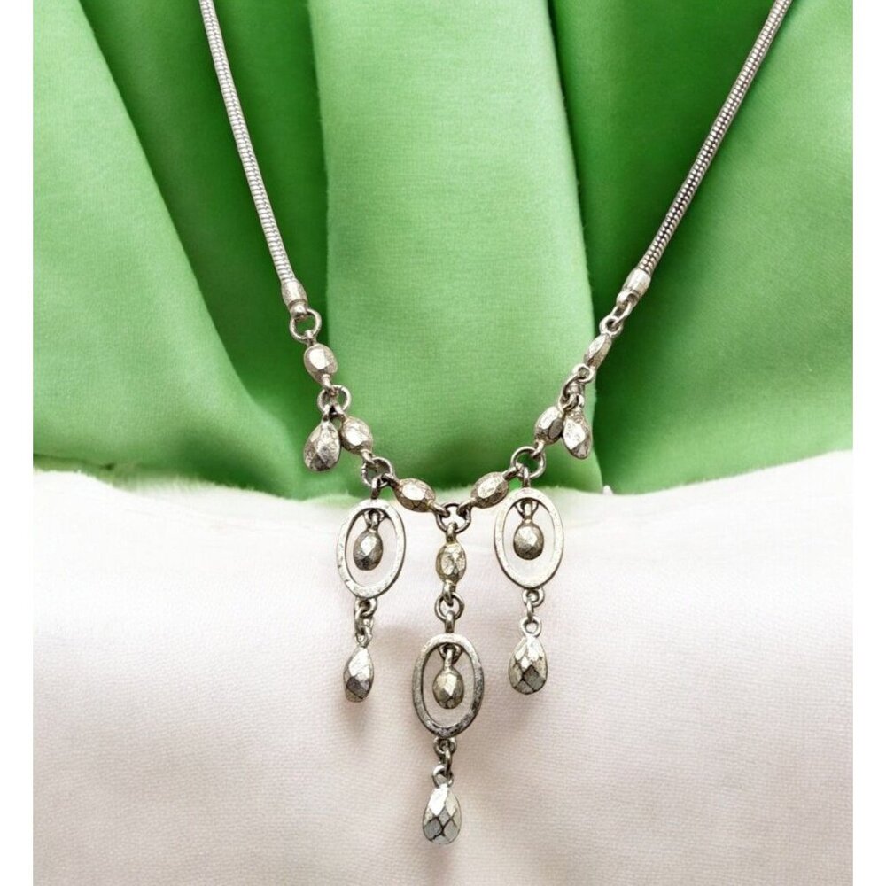 Vintge Nine West Silver Tone Dangle Necklace Oval & Teardrop Charms Snake Chain